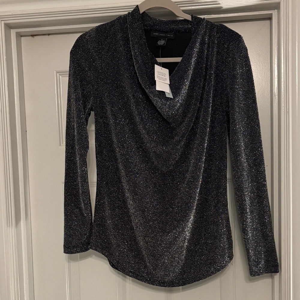 Joan Vass Black and Silver Shimmer Cowl Neck Top
